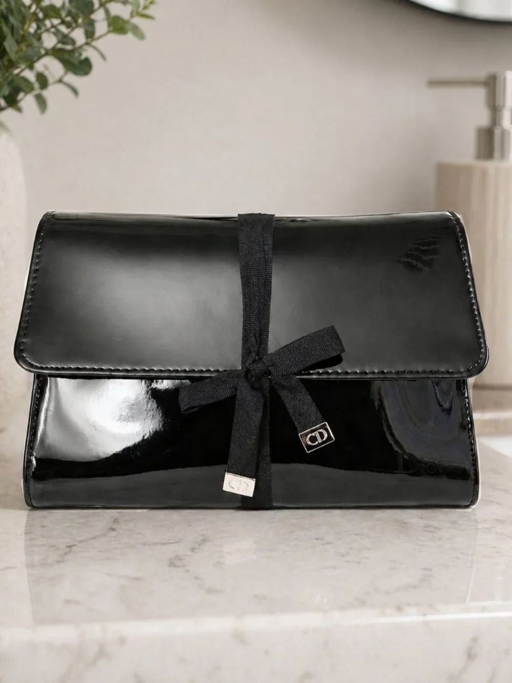 Dior Beauté Patent Leather Cosmetic Bag Black CD Charm Flap Pouch NWOT